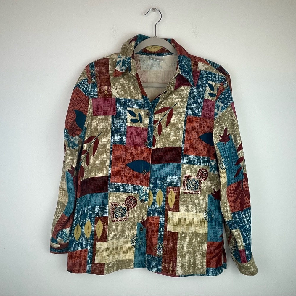 KORET Petites Patchwork Print Button Up Blouse Petite Medium Shoulder Pads